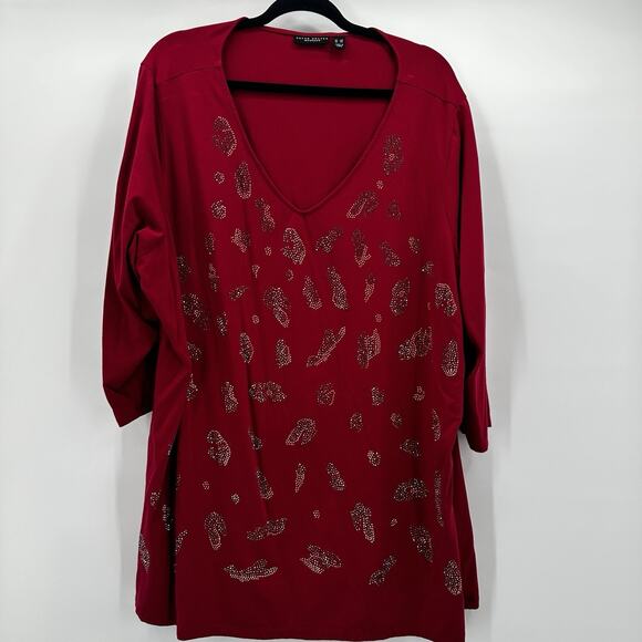 Susan Graver Tops - Susan Graver Shirt Top Womens 3X 3XL Red Embellished‎ Vneck Basic Weekend Long
